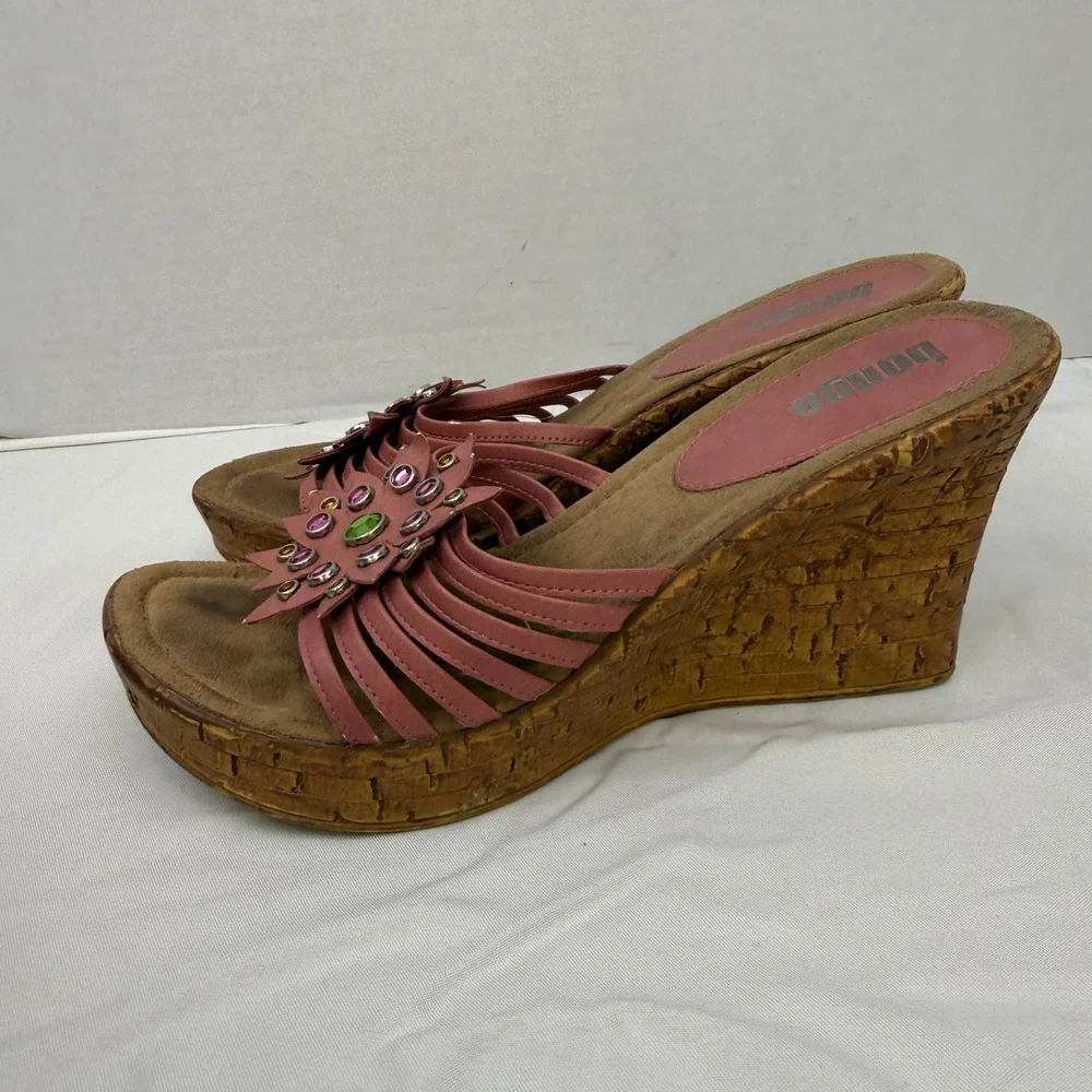 Bongo Vintage Pink Floral Rhinestone Wedge Sandals Y2K Cork Platform Slides